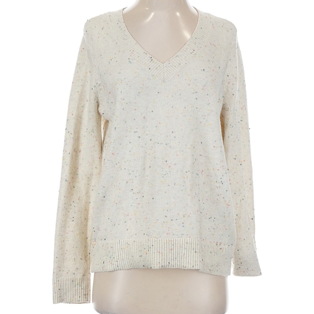 LOFT Cream Speckled V-Neck Sweater with Multicolor Flecks